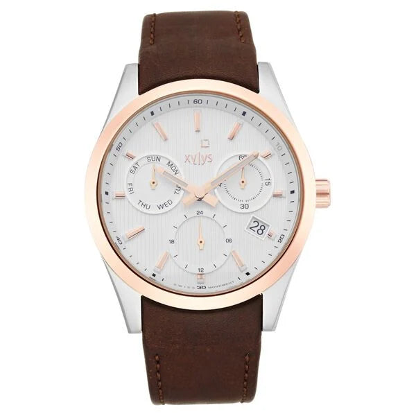 Xylys Swiss Multifunction Brown Leather Strap White Dial Watch For Men 40052kl01e