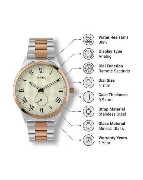 Timex Men Beige Round Analog Brass Dial Watch- TWTG10008