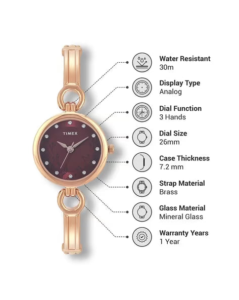 Timex Women Maroon Round Analog Brass Dial Watch - TWEL11437
