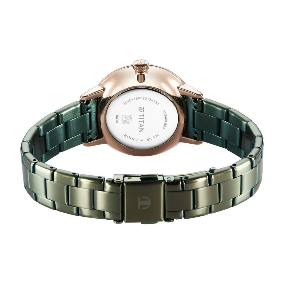 Titan TGIF Quartz Analog Green Dial Green Stainless Steel Strap Watch for Women 95248KM03