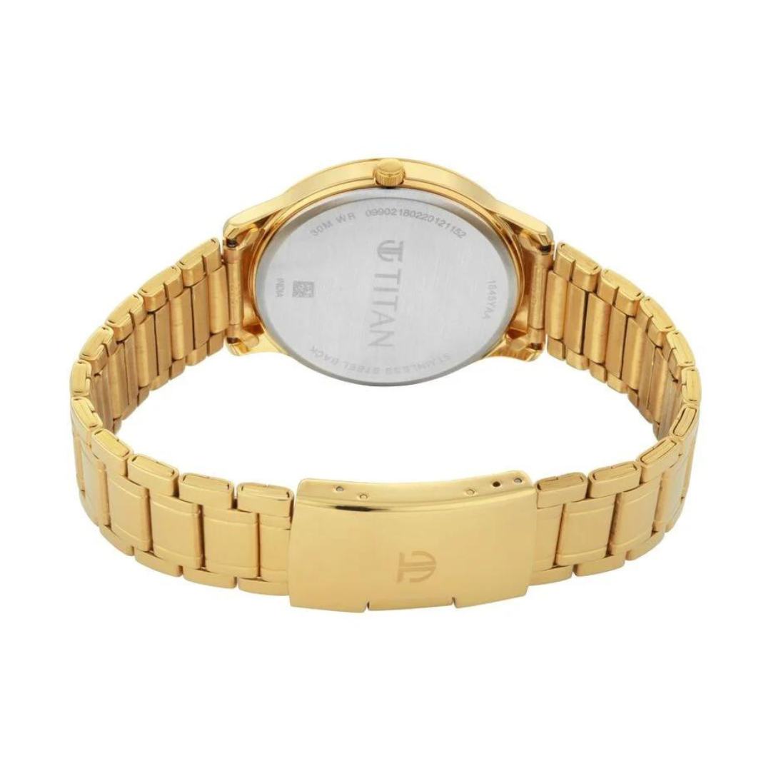 Titan Quartz Analog with Day and Date Yellow Dial Metal Strap Watch for Men 1845YM01