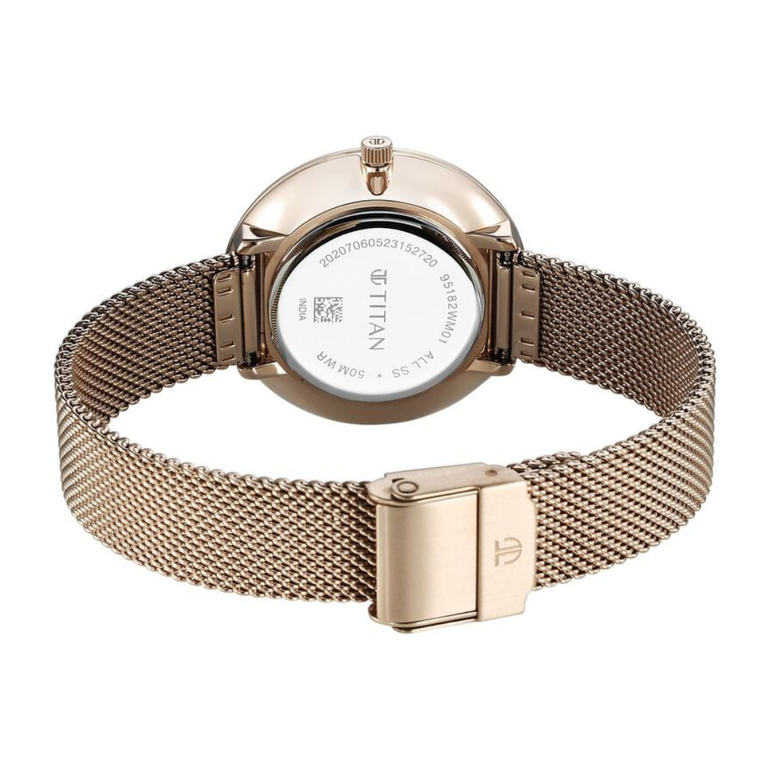 Titan Slimline Quartz Analog Pink Dial Rose Gold Stainless Steel Strap Watch for Women 95182WM01