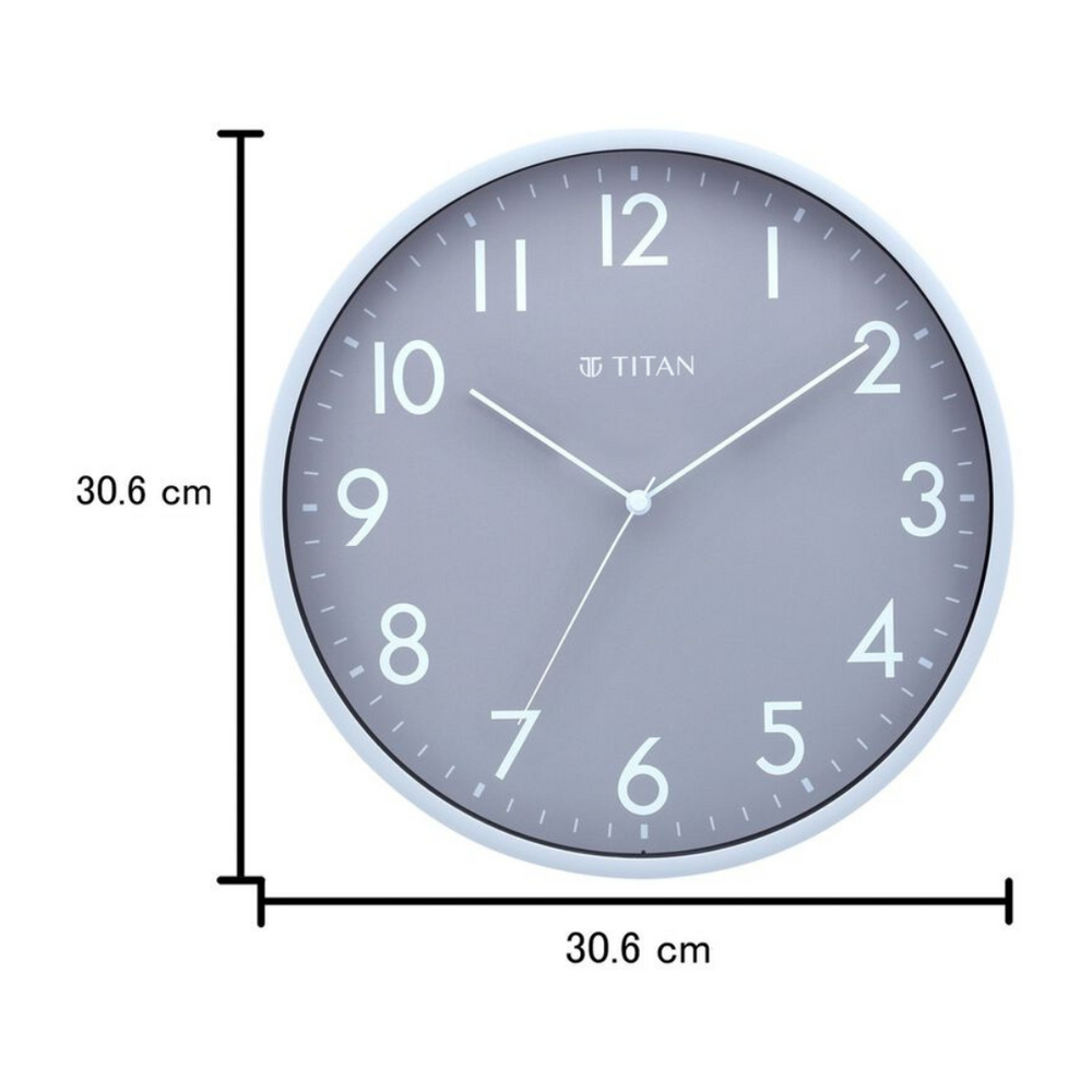 TITAN Contemporary Grey Sleek Wall Clock with Silent Sweep Technology - 29.5 cm x 29.5 cm (Medium) NBW0043PA01A - KRISHNA WATCH COMPANY