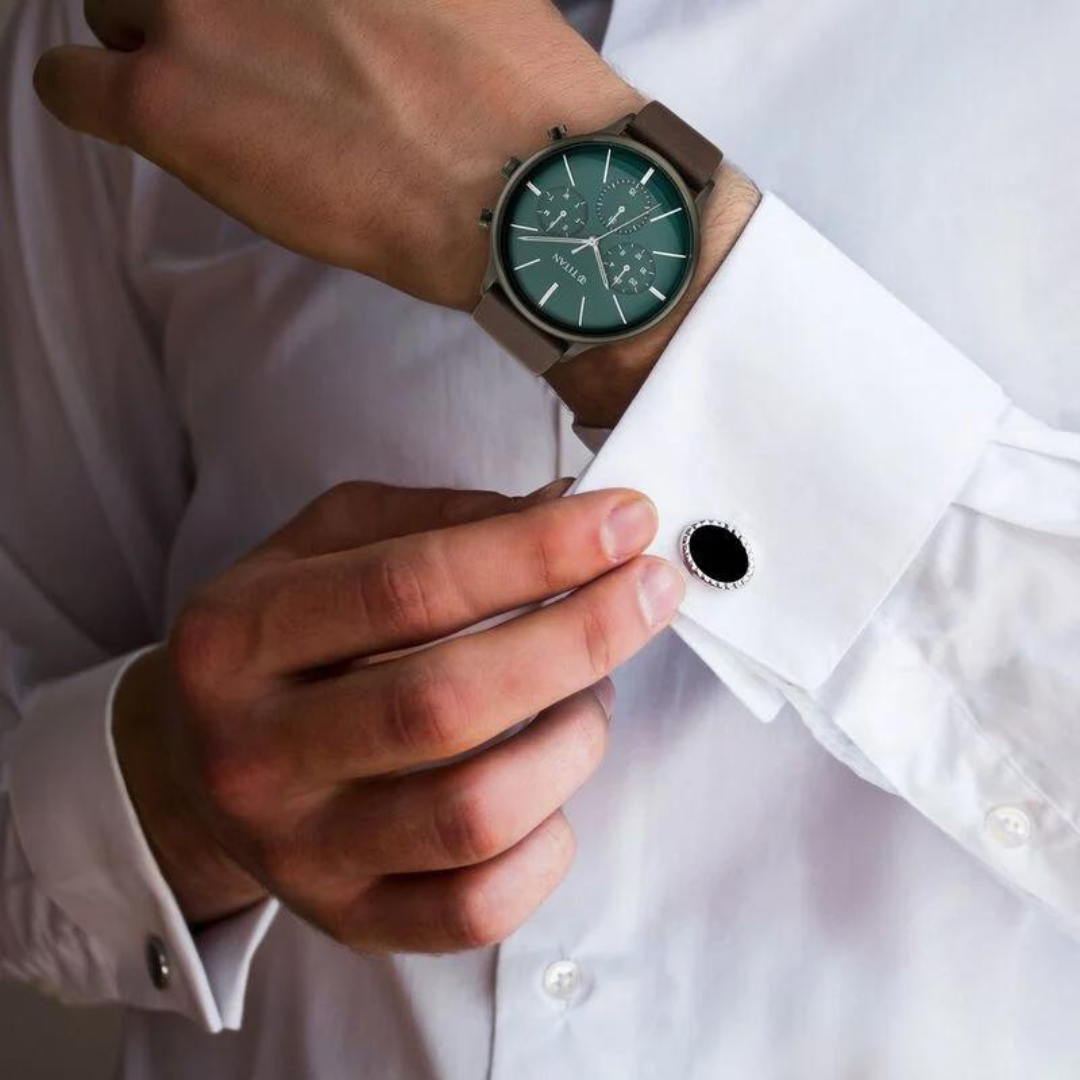 Titan Quartz Multifunction Green Dial Leather Strap Watch for Men 90134QL01