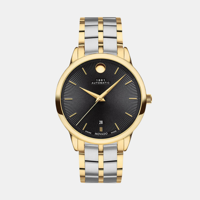 Movado 1881 Automatic Mens Stainless Steel Yellow Gold PVD Case Swiss Movement Black Dial Silver/Yellow Gold PVD Link Steel Bracelet Watch -607463
