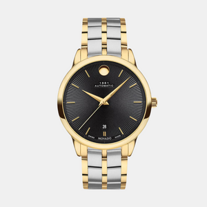 Movado 1881 Automatic Mens Stainless Steel Yellow Gold PVD Case Swiss Movement Black Dial Silver/Yellow Gold PVD Link Steel Bracelet Watch -607463 - KRISHNA WATCH COMPANY