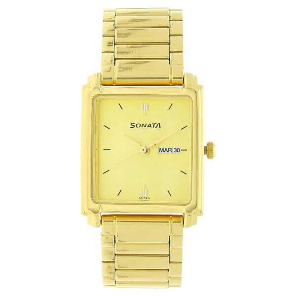 Sonata Quartz Analog with Day and Date Champagne Dial Metal Strap Watch for Men ns7053ym05 / 7053ym05 - KRISHNA WATCH COMPANY