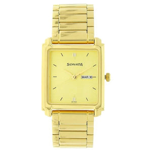 Sonata Quartz Analog with Day and Date Champagne Dial Metal Strap Watch for Men ns7053ym05 / 7053ym05 - KRISHNA WATCH COMPANY