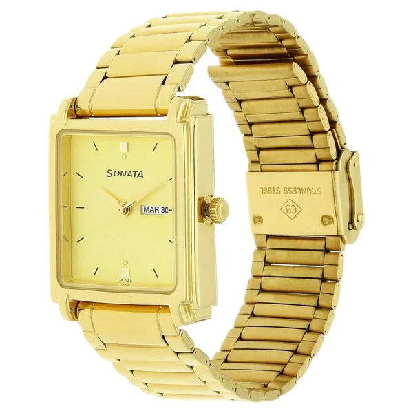 Sonata Quartz Analog with Day and Date Champagne Dial Metal Strap Watch for Men ns7053ym05 / 7053ym05 - KRISHNA WATCH COMPANY