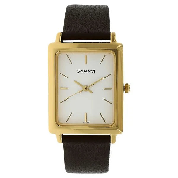 Sonata Quartz Analog White Dial Leather Strap Watch for Men - 7078YL01