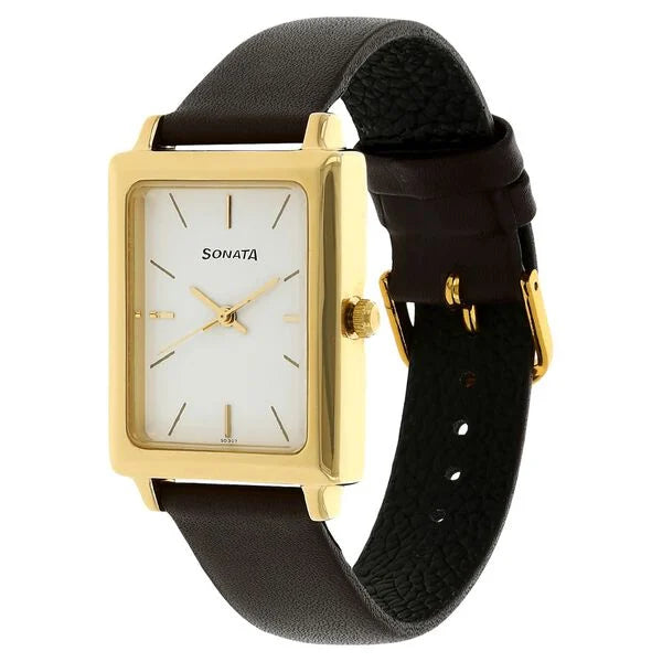 Sonata Quartz Analog White Dial Leather Strap Watch for Men - 7078YL01