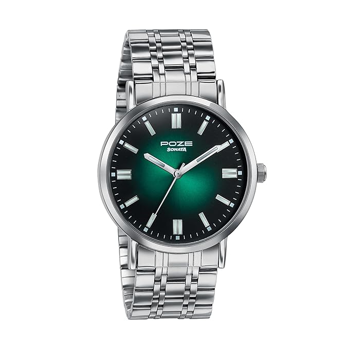 Sonata Poze 6 Chrome Calling Quartz Green Round Dial Men's Watch  SP70083SM01