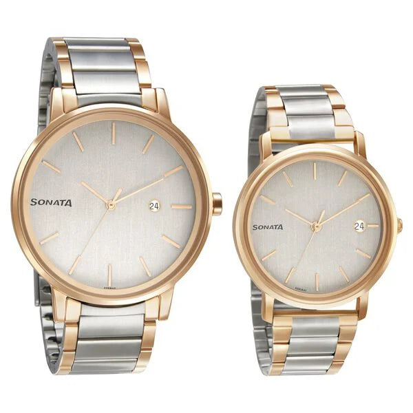Sonata Quartz Analog with Date White Dial Metal Strap Watch for Couple 713187029KM019P