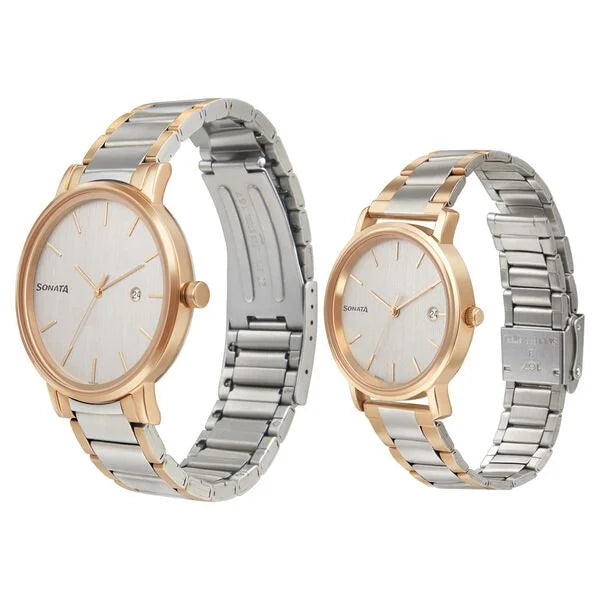Sonata Quartz Analog with Date White Dial Metal Strap Watch for Couple 713187029KM019P