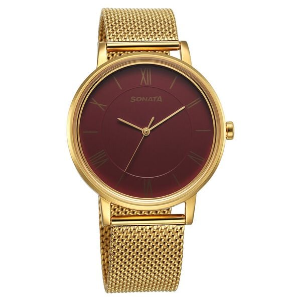 Sonata Utsav Quartz Analog Red Dial Stainless Steel Strap Watch for Men 7131ym03