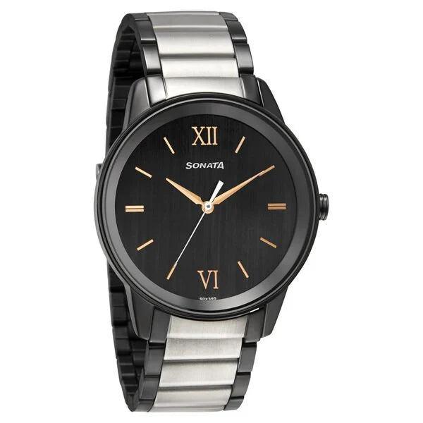 Sonata Quartz Analog Black Dial Metal Strap Watch for Men 7133km03
