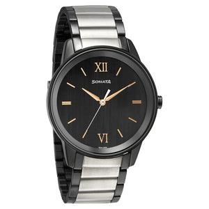 Sonata Quartz Analog Black Dial Metal Strap Watch for Men - 7133KM03 - KRISHNA WATCH COMPANY