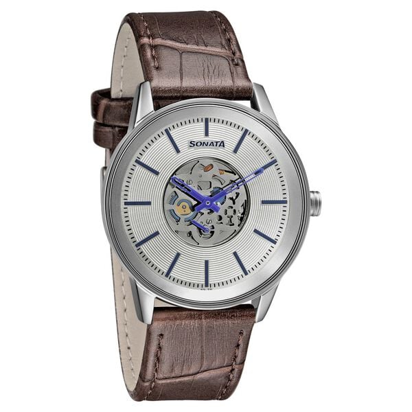 Sonata Quartz Multifunction Silver Dial Leather Strap Watch for Men 7133sl01