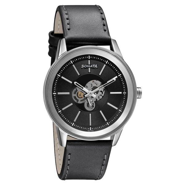 Sonata Unveil Watch With Black Dial & Leather Strap - 7133SL03 - KRISHNA WATCH COMPANY