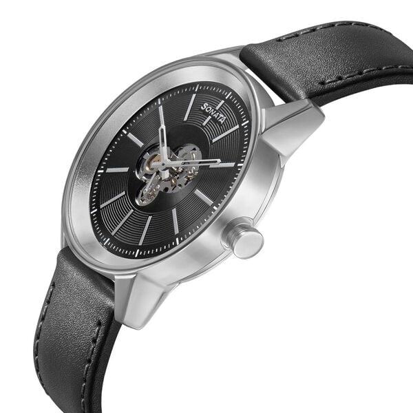 Sonata Unveil Watch With Black Dial & Leather Strap - 7133SL03 - KRISHNA WATCH COMPANY