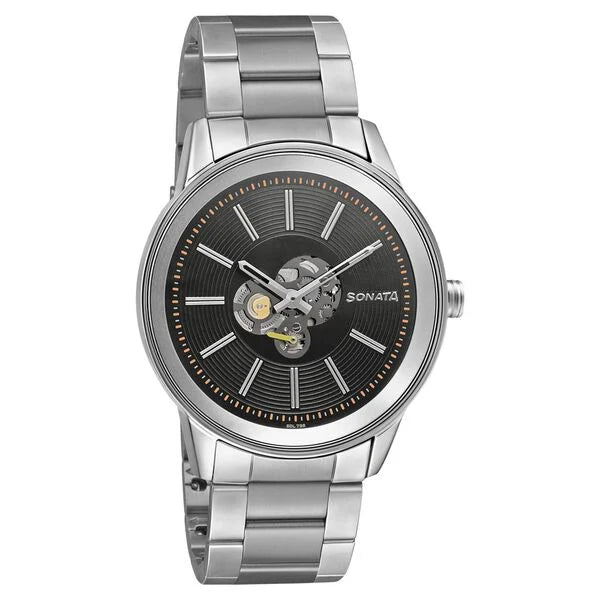 Sonata Quartz Multifunction Black Dial Stainless Steel Strap Watch for Men nr7133sm01 - KRISHNA WATCH COMPANY