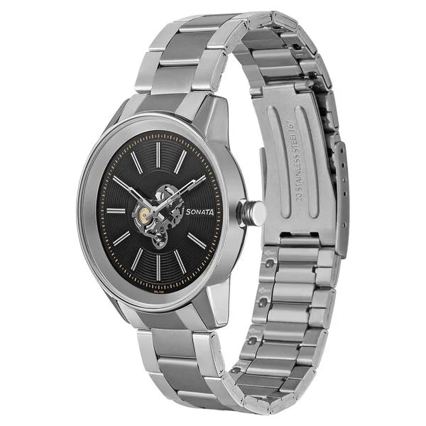 Sonata Quartz Multifunction Black Dial Stainless Steel Strap Watch for Men nr7133sm01 - KRISHNA WATCH COMPANY