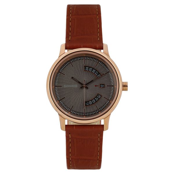 Sonata Quartz Analog with Date Grey Dial Leather Strap Watch for Men nr7134wl02 / 7134wl02 - KRISHNA WATCH COMPANY