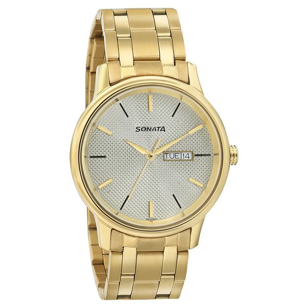 Sonata Quartz Analog with Day and Date Champagne Dial Metal Strap Watch for Men NT7134ym03