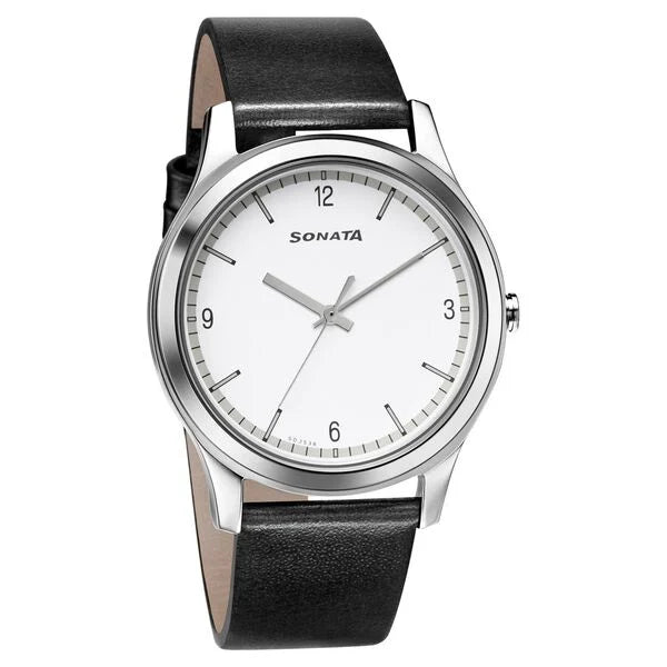 Sonata Quartz Analog White Dial Leather Strap Watch for Men - 7135SL04 - KRISHNA WATCH COMPANY