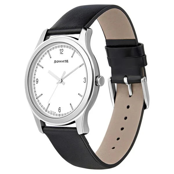 Sonata Quartz Analog White Dial Leather Strap Watch for Men - 7135SL04 - KRISHNA WATCH COMPANY