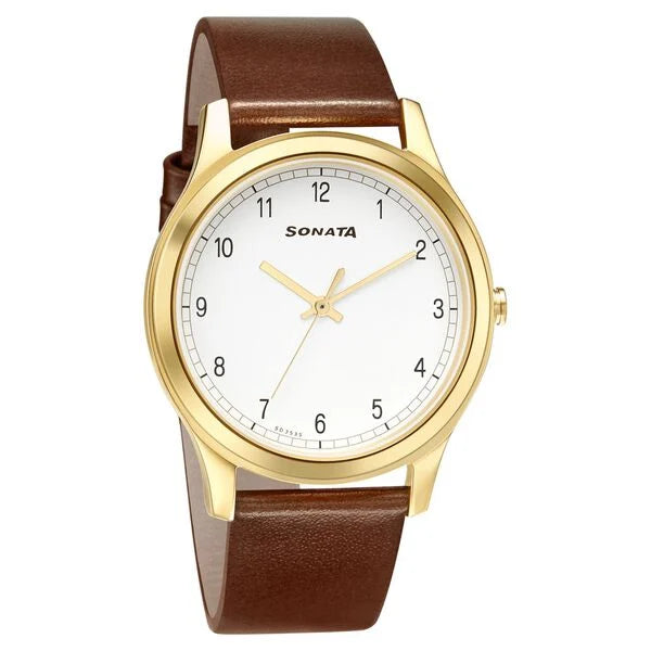 Sonata Quartz Analog White Dial Leather Strap Watch for Men - 7135YL01 - KRISHNA WATCH COMPANY