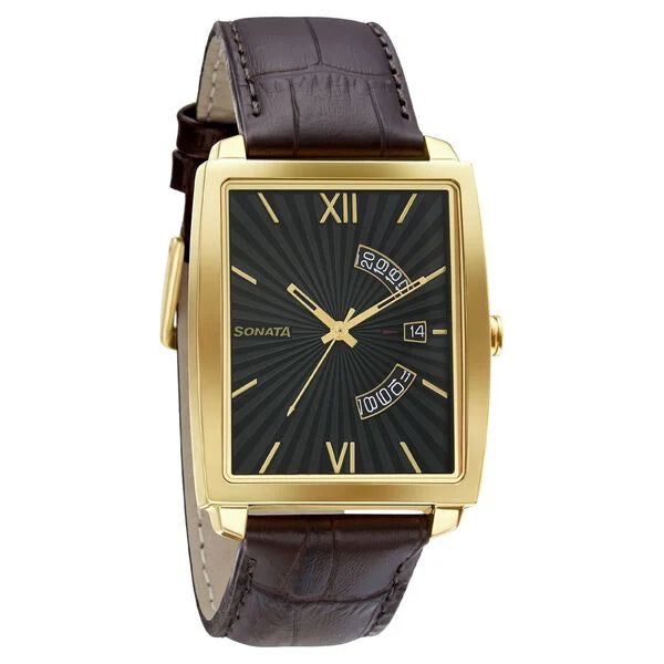 Sonata Quartz Analog with Date Leather Strap Watch for Men 7143yl02
