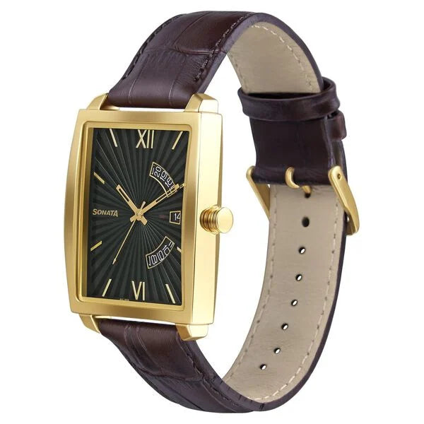 Sonata Quartz Analog with Date Leather Strap Watch for Men 7143yl02