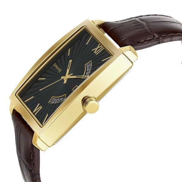 Sonata Quartz Analog with Date Leather Strap Watch for Men 7143yl02