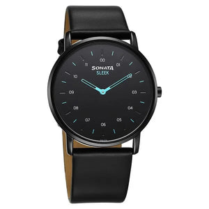 Sonata Sleek Quartz Analog Black Dial Black Leather Strap Watch For Men - 7152NL01 - KRISHNA WATCH COMPANY