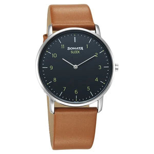 Sonata Sleek Quartz Analog Grey Dial Tan Leather Strap Watch For Men 7152sl01 - KRISHNA WATCH COMPANY