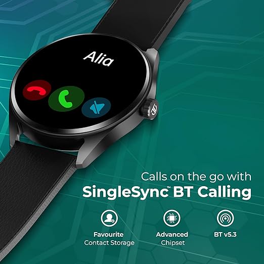 Titan Crest with 3.63 cm AMOLED Display with AOD, Functional Crown, BT Calling Smartwatch with Black Leather Strap 90197al01