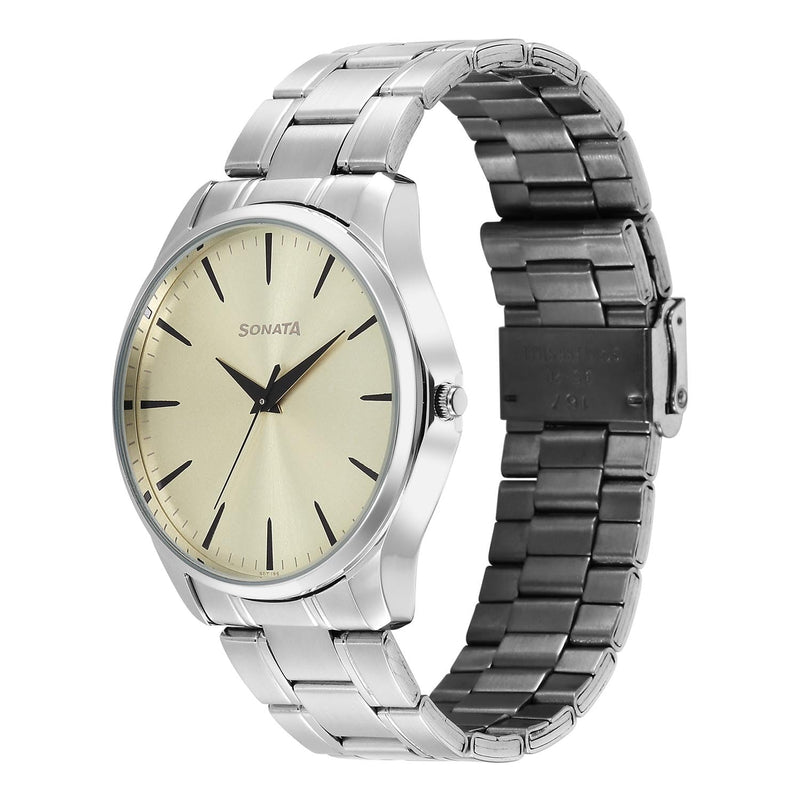 Sonata Ease with Beige Dial Silver Metal Strap Watch for Men - 77163SM07W
