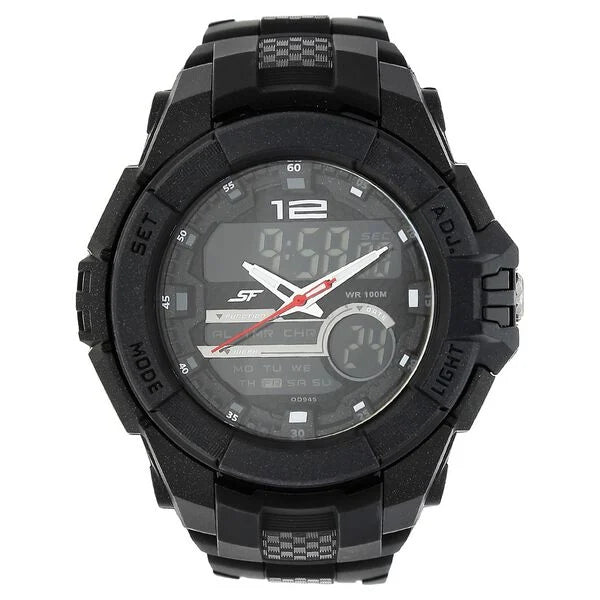 SF Quartz Analog Digital Black Dial Plastic Strap Watch for Men 77027pp01