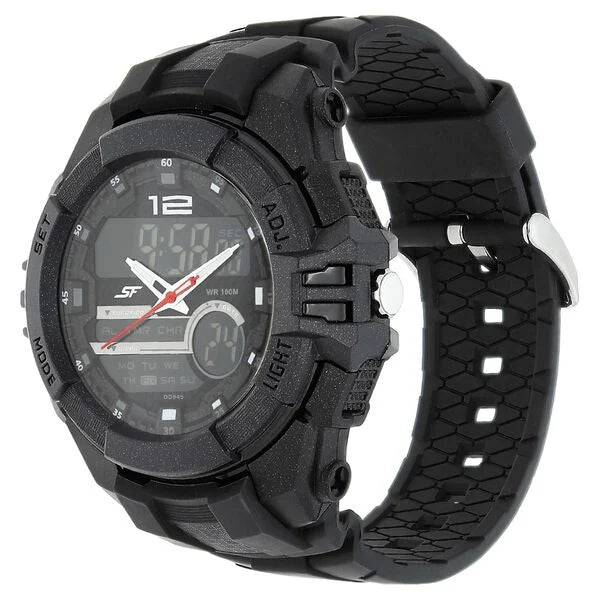 SF Quartz Analog Digital Black Dial Plastic Strap Watch for Men 77027pp01