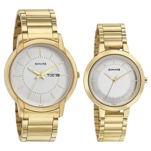Sonata Quartz Analog White Dial Metal Strap Watch for Couple ns770318141ym01p - KRISHNA WATCH COMPANY