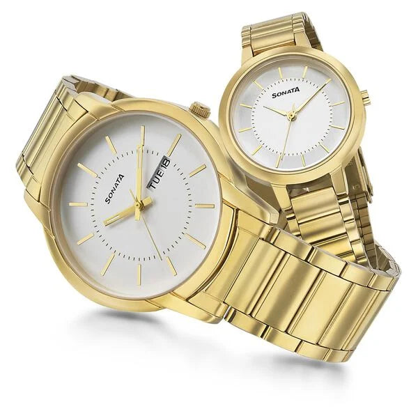 Sonata Quartz Analog White Dial Metal Strap Watch for Couple ns770318141ym01p