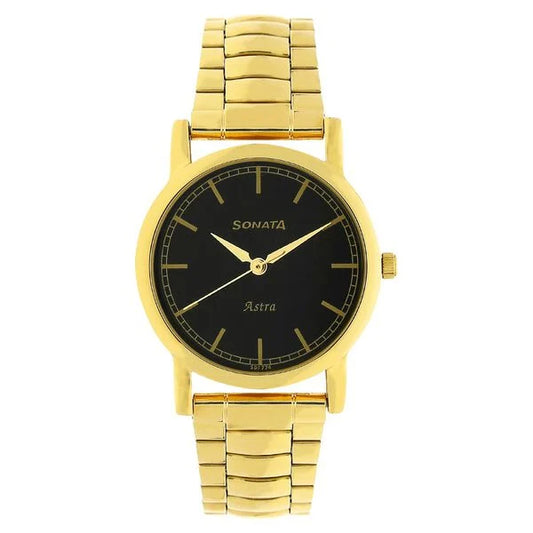 Sonata Black Dial Golden Stainless Steel Strap Watch NR77049YM02