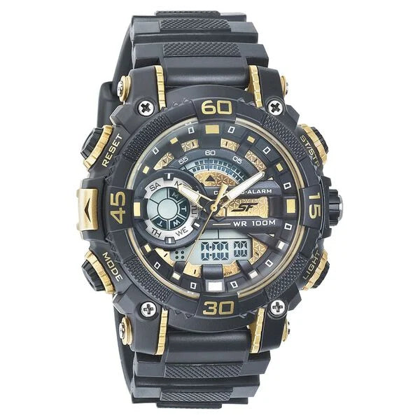 SF Quartz Analog Digital Golden Dial PU Strap Watch for Men 77070pp08