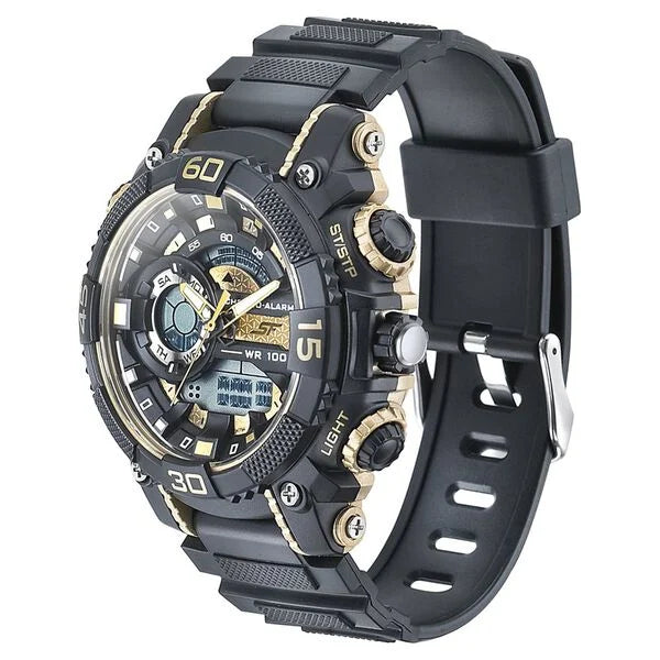 SF Quartz Analog Digital Golden Dial PU Strap Watch for Men 77070pp08
