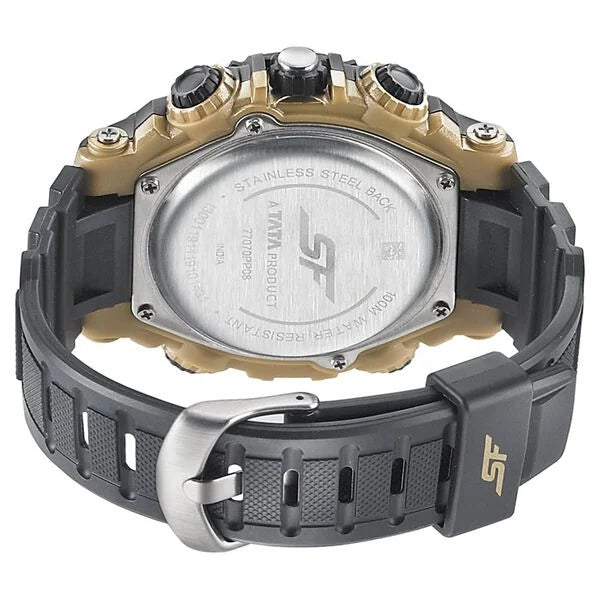 SF Quartz Analog Digital Golden Dial PU Strap Watch for Men 77070pp08