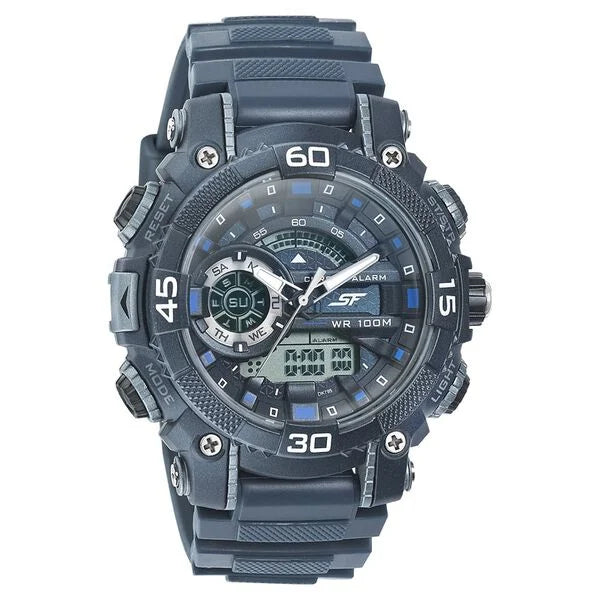 SF Quartz Analog Digital Blue Dial PU Strap Watch for Men 77070pp09
