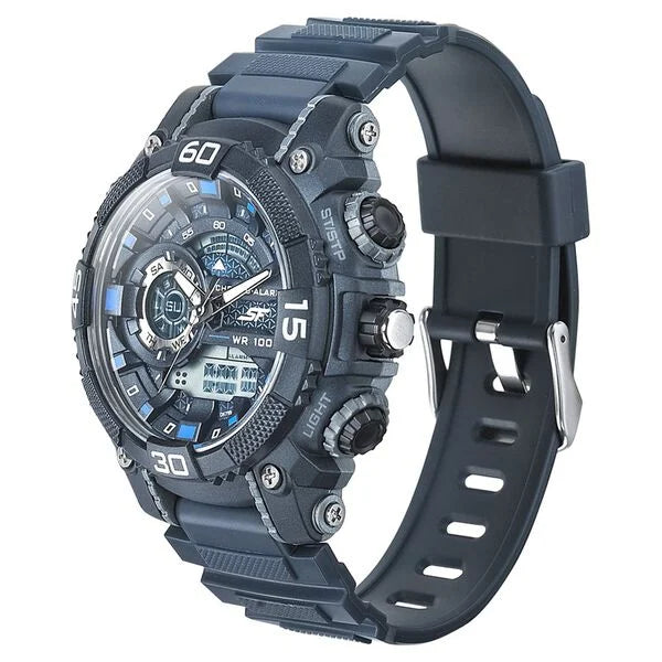 SF Quartz Analog Digital Blue Dial PU Strap Watch for Men 77070pp09