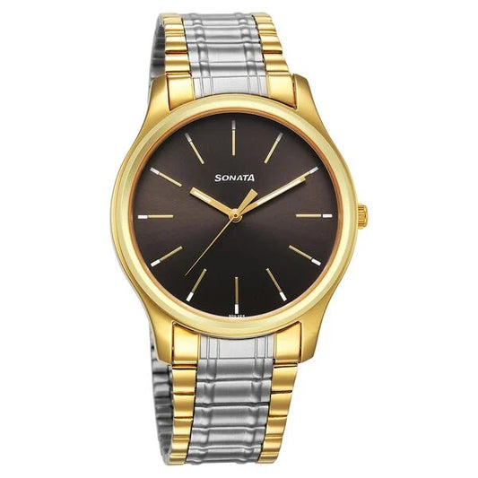 Sonata Traditional Essentials Quartz Analog Grey Dial Stainless Steel Strap Watch for Men 77082bm02