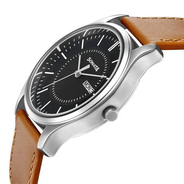 Sonata Quartz Analog with Day and Date Watch for Men 77082sl08w